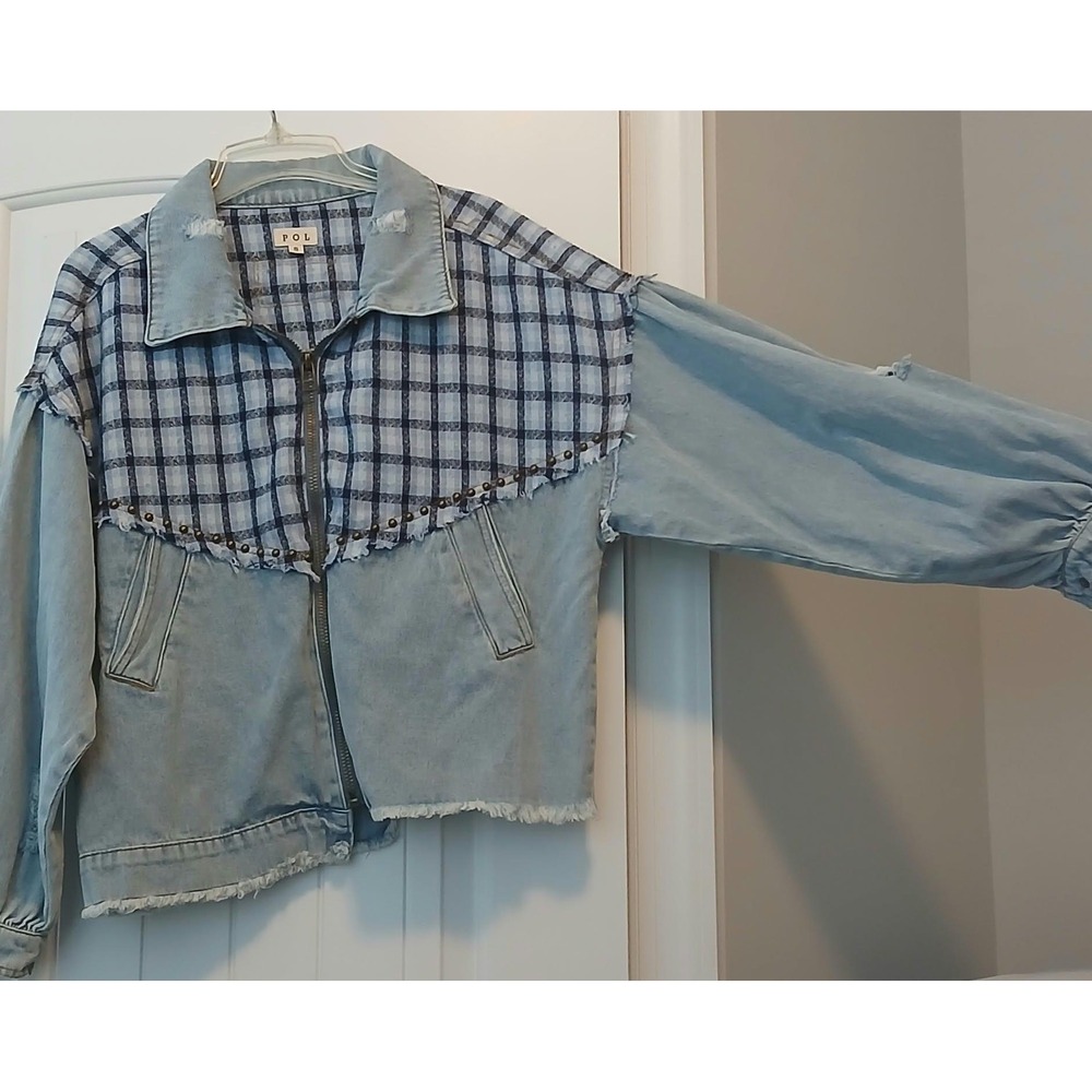 POL Womens Light Wash Distressed Denim Plaid Mixed Media Studded Jacket Small - Picture 5 of 5